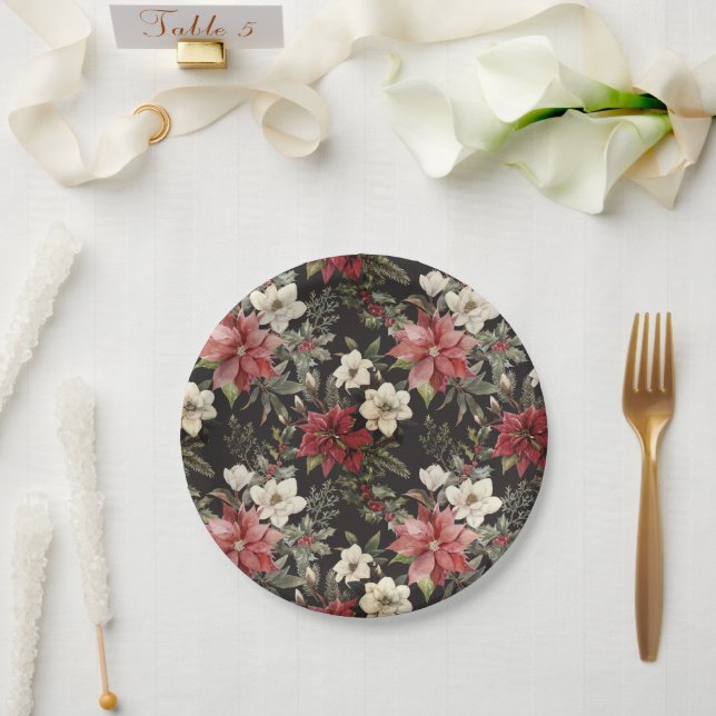 Assiettes En Carton Floral Elegant Aquarelle Joyeux Noël (Mariage)