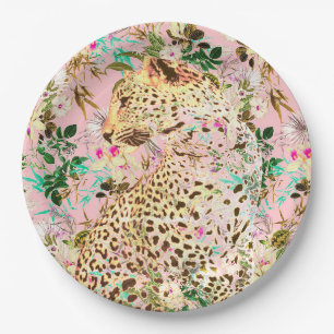 Assiettes En Carton Floral empreinte de léopard tropical hawaïen