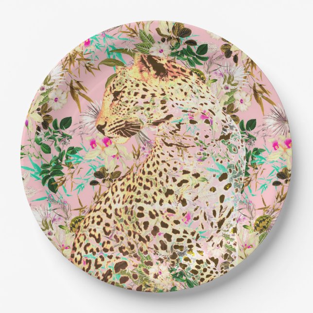 Assiettes En Carton Floral empreinte de léopard tropical hawaïen (Devant)