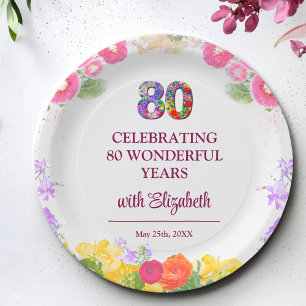 Assiettes En Carton Floral fête de 80e anniversaire 80 ans motif de fl