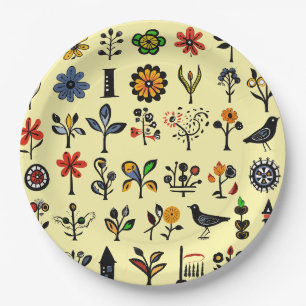 Assiettes En Carton Floral folk coloré et oiseaux