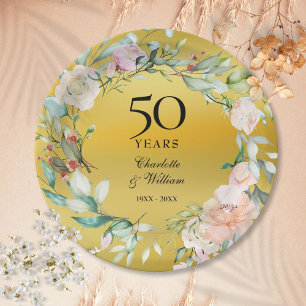 Assiettes En Carton Floral Garland Gold Foil 50e anniversaire Mariage