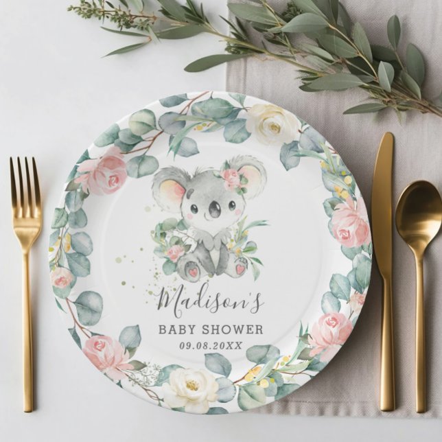 Assiettes En Carton Floral Greenery Koala Baby Girl Douche Anniversair (Créateur téléchargé)