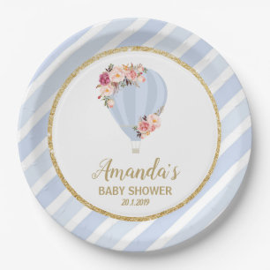 Assiettes En Carton Floral Hot Air Balloon Baby shower Blue Boy