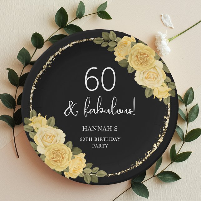 Assiettes En Carton Floral Jaune Noir & Or 60e anniversaire (Créateur téléchargé)