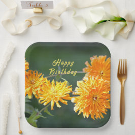 Assiettes En Carton Floral "Joyeux Anniversaire" Orange Zennia