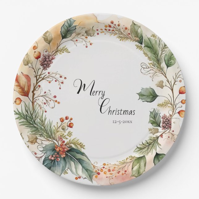 Assiettes En Carton Floral Joyeux Noël de fête classique (Devant)