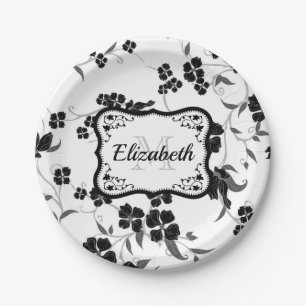 Assiettes En Carton Floral noir et blanc