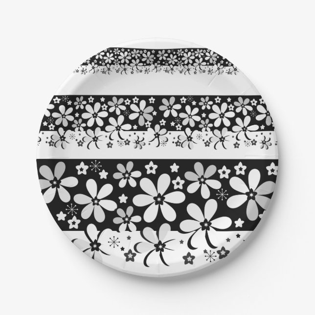 Assiettes En Carton Floral noir et blanc (Devant)