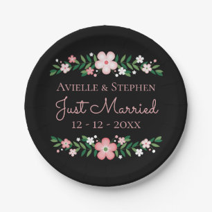 Assiettes En Carton Floral Noir Juste Marié Rose Fleurs Mariage