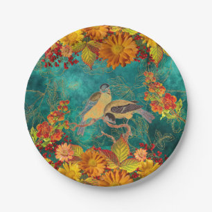 Assiettes En Carton Floral & Oiseaux Orange, Rouge, Jaune, Turquoise