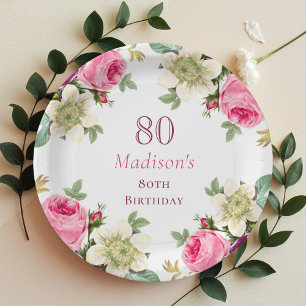 Assiettes En Carton Floral rose 80e anniversaire