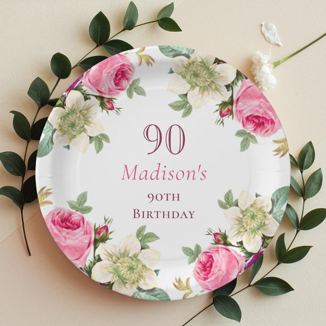 Assiettes En Carton Floral rose 90e anniversaire (Créateur téléchargé)