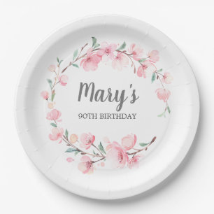 Assiettes En Carton Floral rose 90e anniversaire Merci