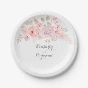 Assiettes En Carton Floral rose blanc