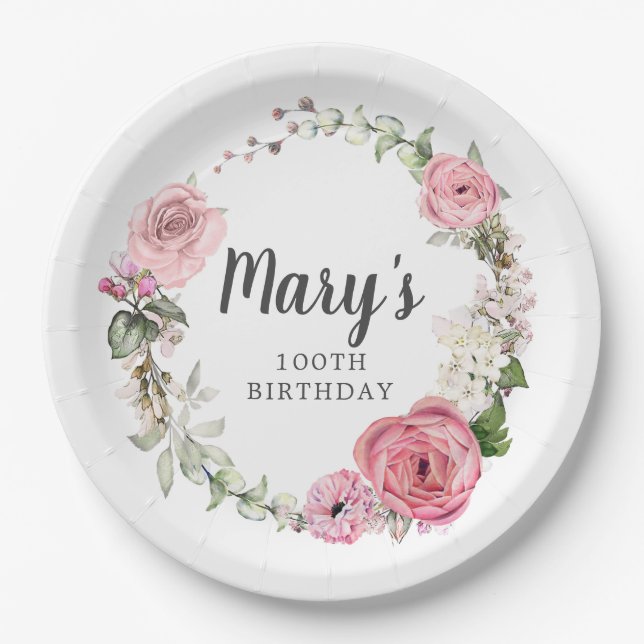 Assiettes En Carton Floral rose rustique 100e anniversaire (Devant)