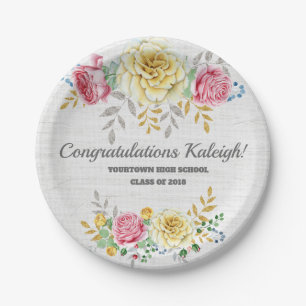 Assiettes En Carton Floral rose sur Burlap gris