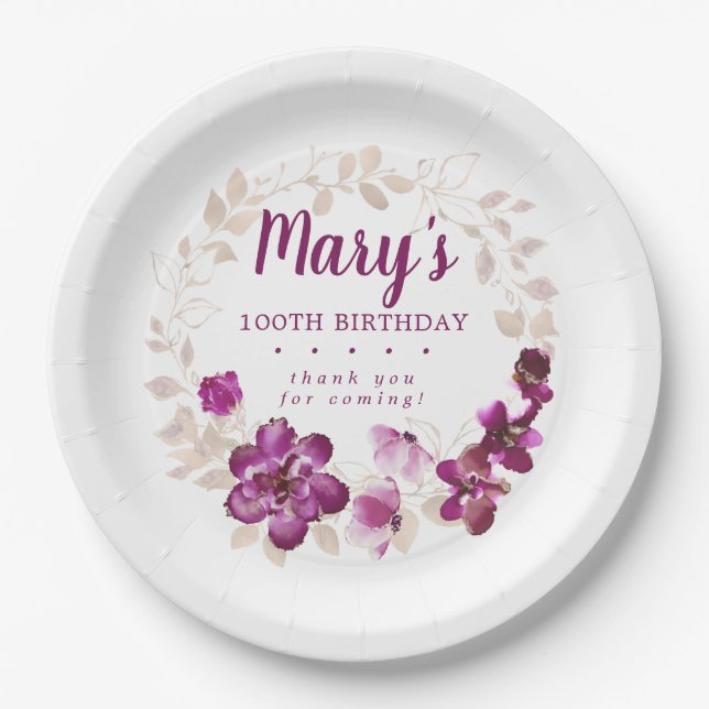 Assiettes En Carton Floral rose violet rustique 100e anniversaire (Devant)