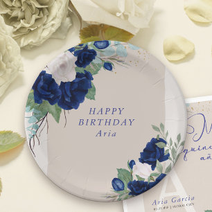 Assiettes En Carton Floral Royal Bleu et Roses d'ivoire Personnalisé