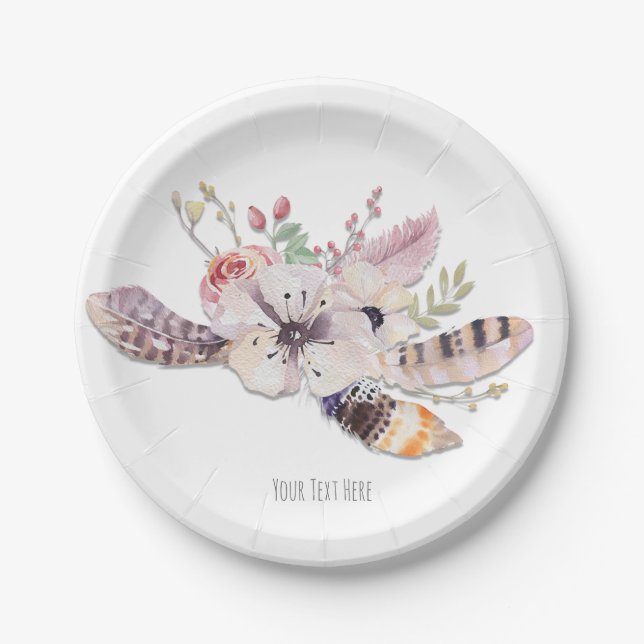 Assiettes En Carton Floral Rustique & Plumes Boho Chic Party (Devant)