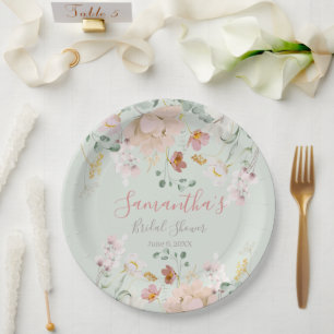 Assiettes En Carton Floral Sage Vert rose pâle Élégant