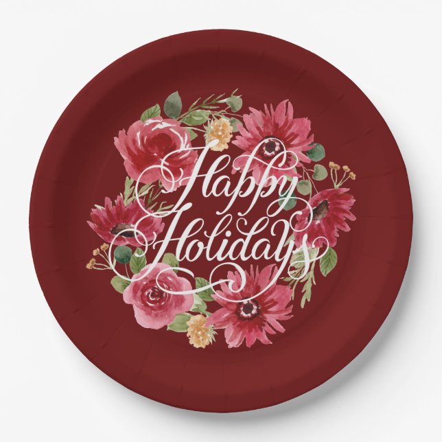 Assiettes En Carton Floral Wreath Joyeuses Vacances Rouge (Devant)