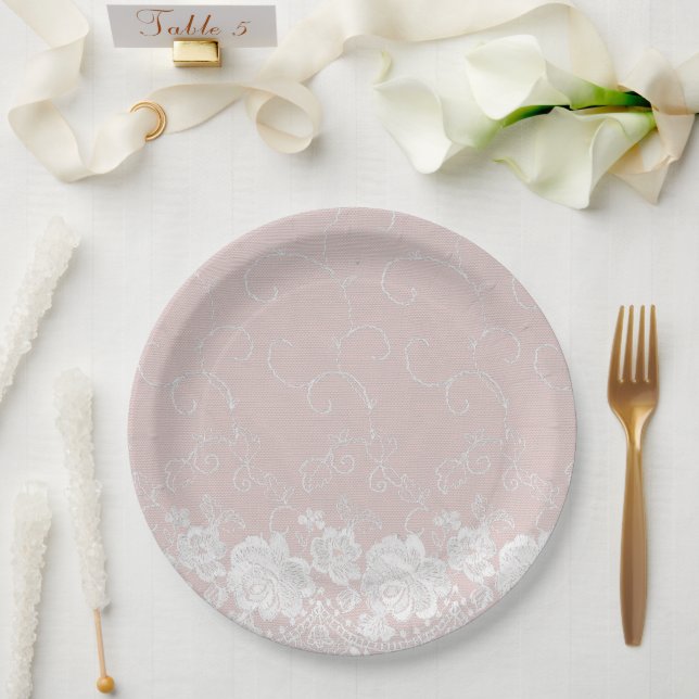 Assiettes En Carton Flore de dentelle blanche (Mariage)