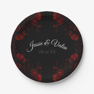 Assiettes En Carton Flore rouge profond Élégant Mariage gothique