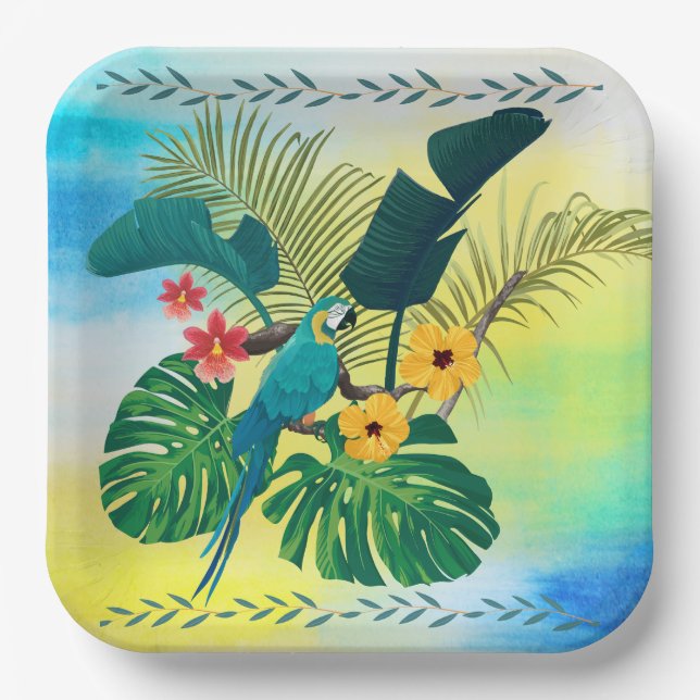 Assiettes En Carton Flore tropicale Perroquet Feuille (Recto)