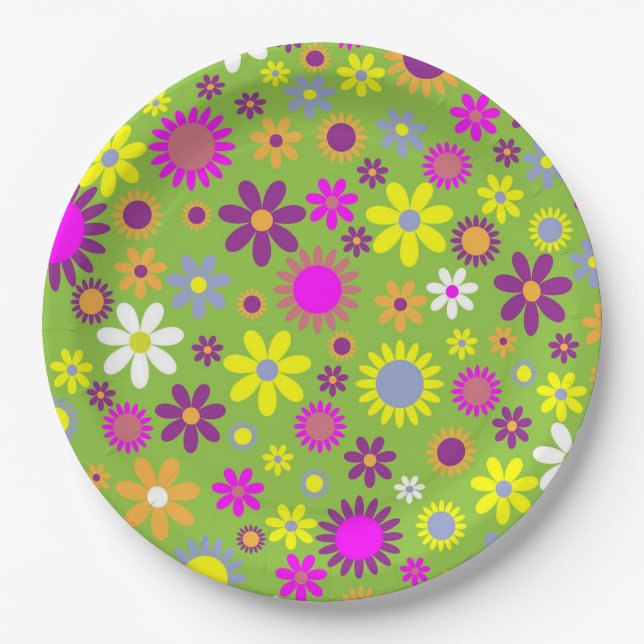 Assiettes En Carton Flower Power Vert Clair (Devant)