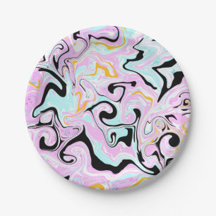 Assiettes En Carton Fluid Art Cotton Bonbon rose, Turquoise, noir et o