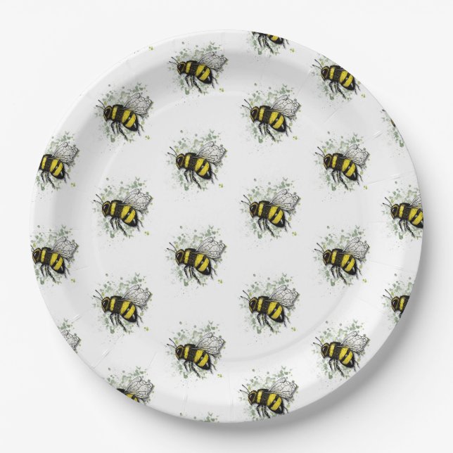 Assiettes En Carton Flying Bumble BEE, Freehand Digital Drawing Insect (Devant)
