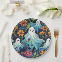 Flying Halloween Ghosts and Flowers
