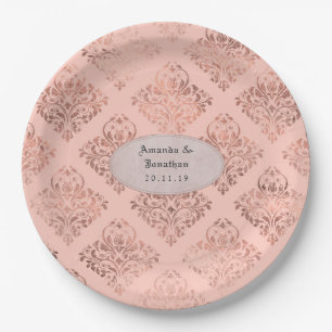 Assiettes En Carton Foil Damask Rose Gold et Blush Mariage