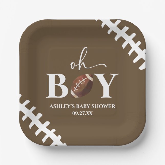 Assiettes En Carton Football Oh Garçon Baby shower blanc Brown (Recto)
