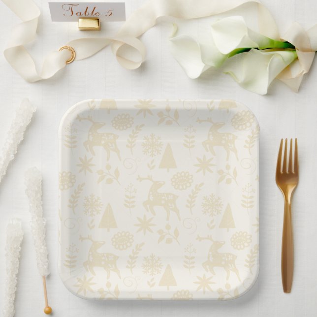 Assiettes En Carton Forest Deer Folk Art Off White (Mariage)