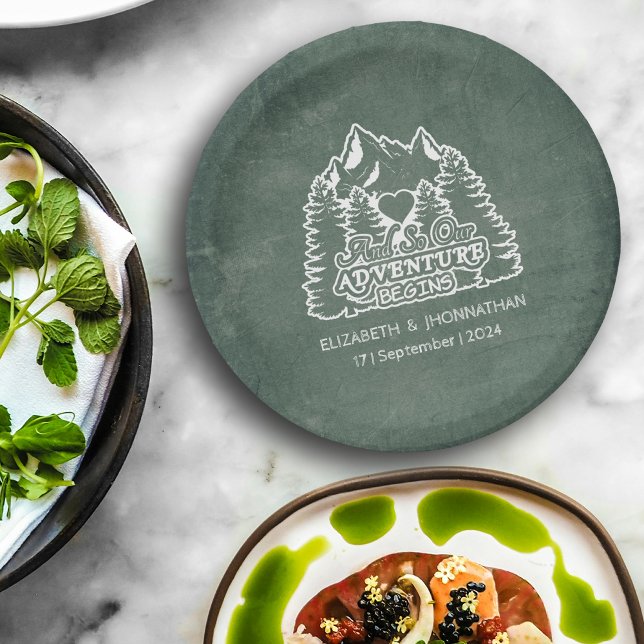 Assiettes En Carton Forêt Aventure Commence Citation Rustic Green Mari (Créateur téléchargé)