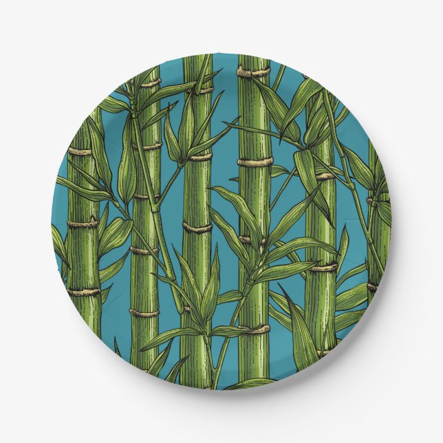 Assiettes En Carton Forêt de bambou sur bleu (Devant)