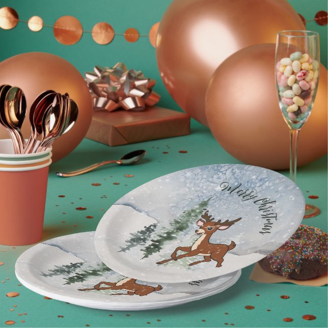 Assiettes En Carton Forêt de neige avec un cerf (Multi)