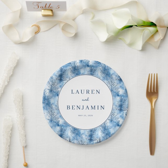 Assiettes En Carton Forêt d'hiver bleue tranquille (Mariage)