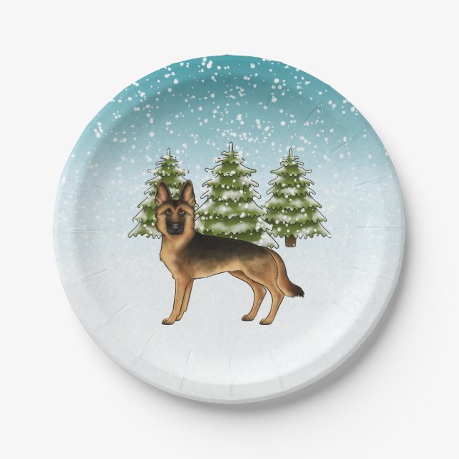 Assiettes En Carton Forêt D'Hiver De Chien Noir Et Tan Allemand (Devant)