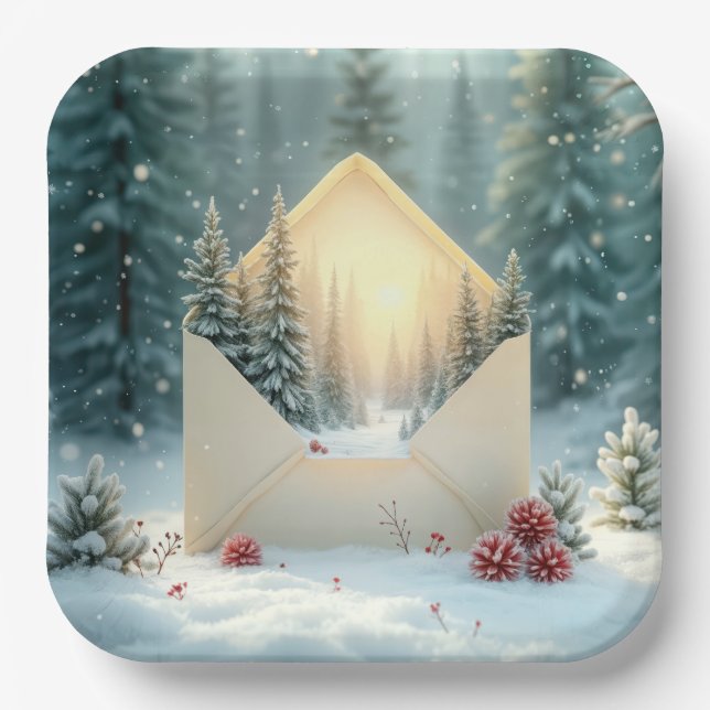 Assiettes En Carton Forêt D'Hiver De Noël En Enveloppe (Recto)