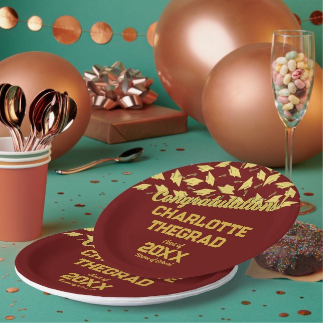 Assiettes En Carton Fournitures de fin d'études Maroon Gold personnali (Multi)