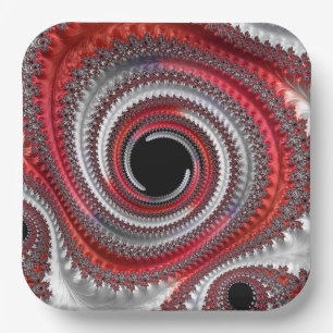 Assiettes En Carton Fractale Abstraite, rouge et noire