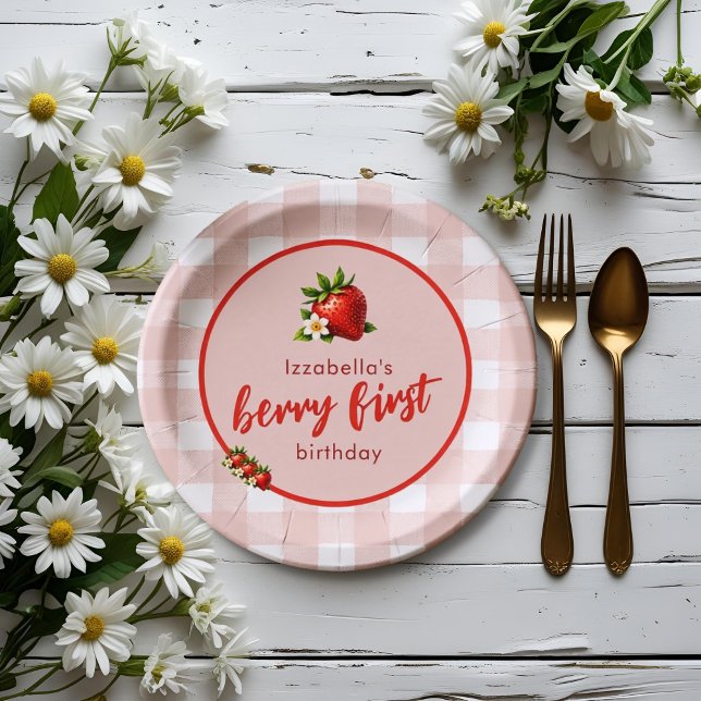 Assiettes En Carton Fraise Berry Première plaque de papier d'anniversa (Strawberry Berry First first birthday party paper plates)