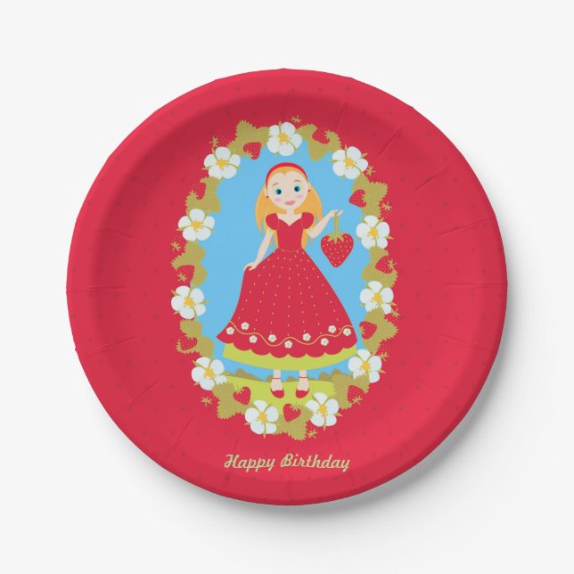 Assiettes En Carton Fraise Fête d'anniversaire fille (Devant)