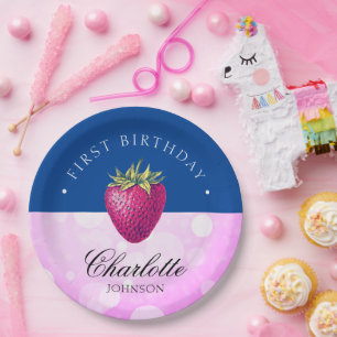 Assiettes En Carton Fraise fête d'anniversaire fille rose et bleu fonc