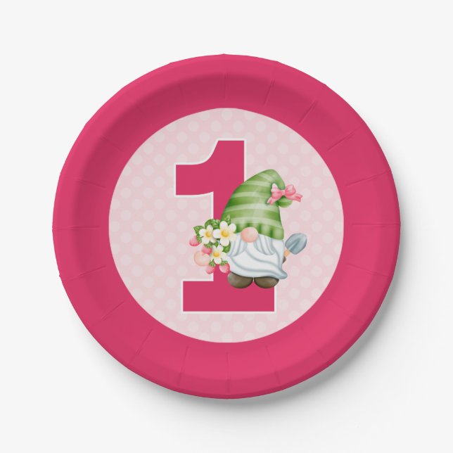 Assiettes En Carton Fraise Gnome Garden Baby Girl's 1st Birthday (Devant)