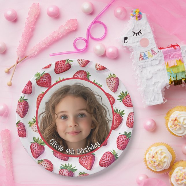 Assiettes En Carton Fraise Photo personnalisée et nom Plaque papier (Fête)