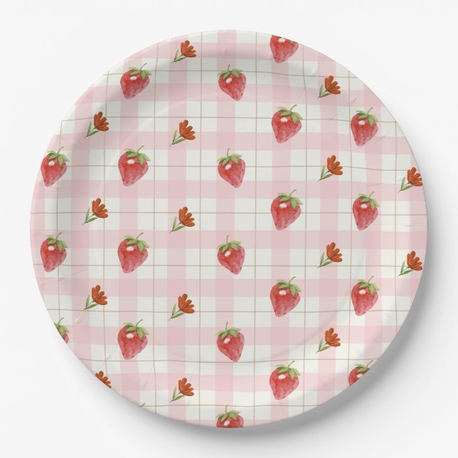 Assiettes En Carton Fraise rose Berry Sweet En vichy Parti (Devant)